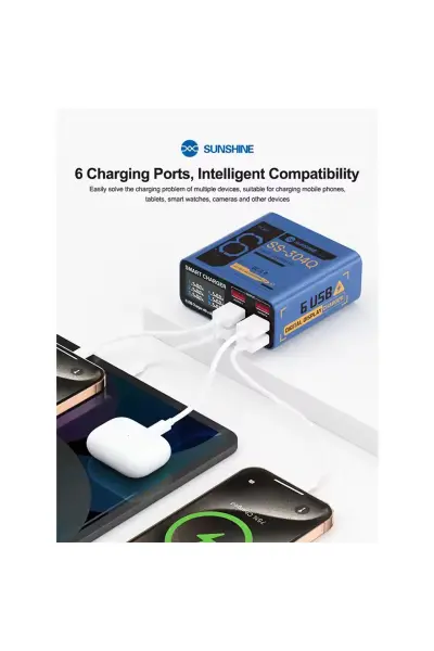 Sunshine SS-304Q 6 Portlu Dijital Ekranlı Hızlı Şarj İstasyonu - QC 3.0 Destekli